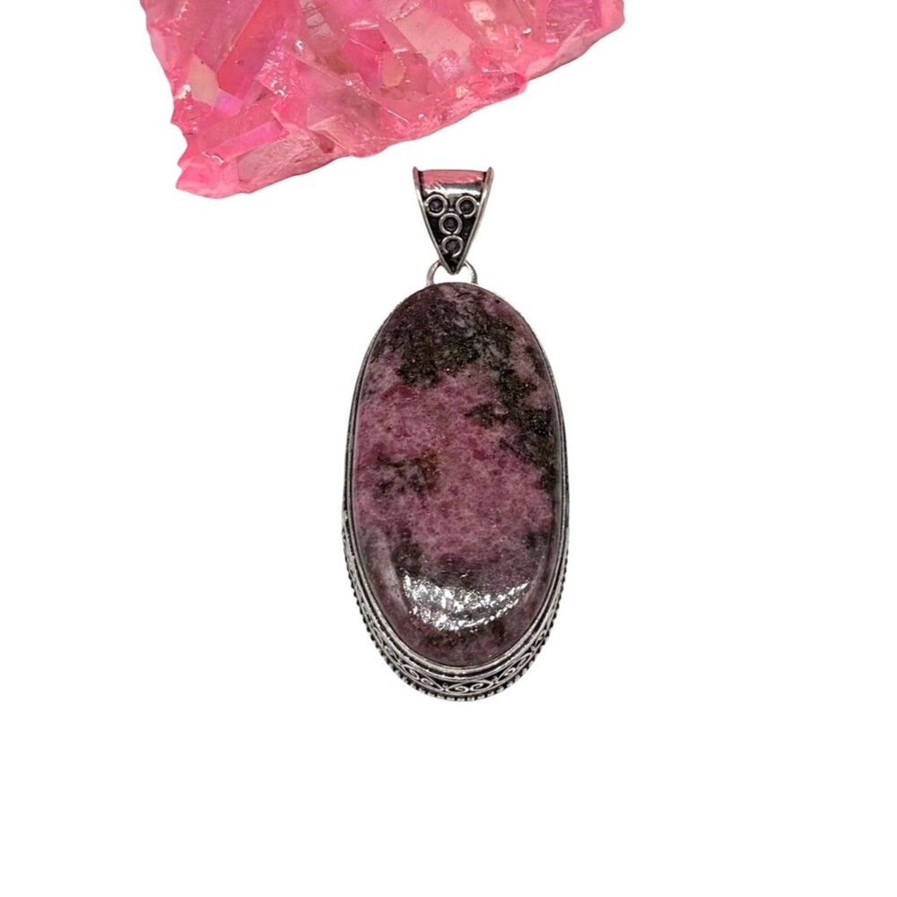 Rhodonite Necklace Pendant 925 Sterling Silver Overlay Oval Pink Stone Chunky
